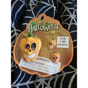 Vintage CVS Pumpkins Halloween Lapel Pin And  Earrings Cute Whimsical